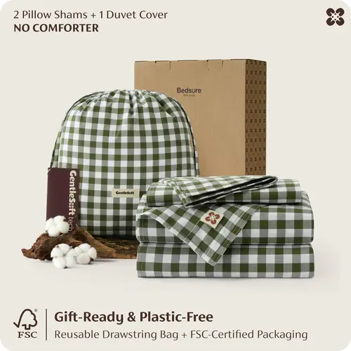 Bedsure PureWoven Gingham Duvet Cover , 100% Washed Cotton Duvet Cover Linen‑Like, PureWoven with Reversible Yarn‑Dyed Design & Double‑Stitch Craft, 3-Piece with Zipper,No Comforter