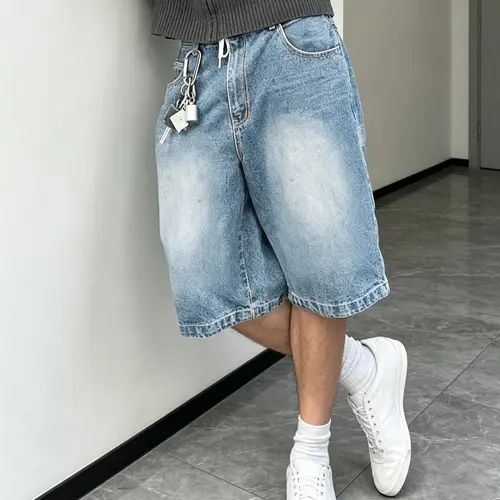 2026 New Vintage Light Washed Loose Denim Bermuda Shorts, Men's Fashion Bottoms, Streetwear, Y2K Hip-Hop Style, Perfect for Summer