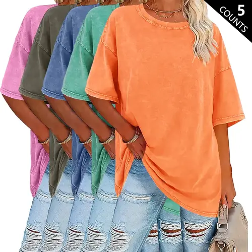 5-Pack Unisex Vintage Washed-Dyed Oversized T-Shirts, 230g Heavyweight Cotton, Casual Gym & Street Basic Tees, Multiple Colors