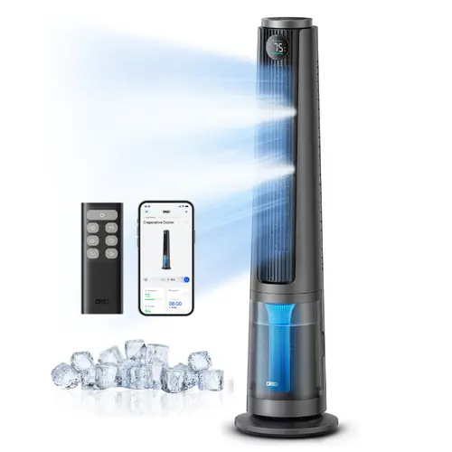 DREO TurboCool Misting Fan 765S, Cools Up to 10°F, 34ft/s High-Speed Tower Fan, 6L Water Tank, 20 dB Quiet DC Motor, 90° Oscillation, 12 Speeds & 4 Modes, Standing Fan for Home, Grey, Custom Rgb Lighting, Remote Control