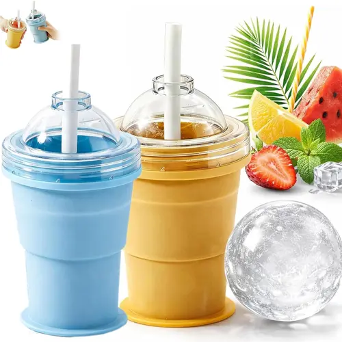 Flexible Foldable Silicone Ice Ball Maker Cup - Ice Spheres in Cup, Creative Freezer Mold for Whiskey, Reusable Coffee Drinkware, Includes Silicone Straw
