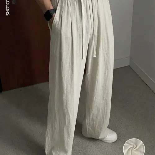 Men's Casual Linen Pants Solid Color Old Money Loose Fit Elastic Drawstring Waist Wide Straight Legs Summer Lightweight Breathable Beach with Pockets Wedding Vacation Daily Going Out, Casual Summer Bottoms