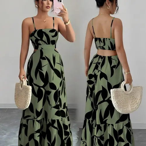 Women's Elegant Floral Leaf Print Slim-Fitting Midi Dress, Waist-Cropped Design, Perfect for Daily Wear, Casual Wear & Special Occasions