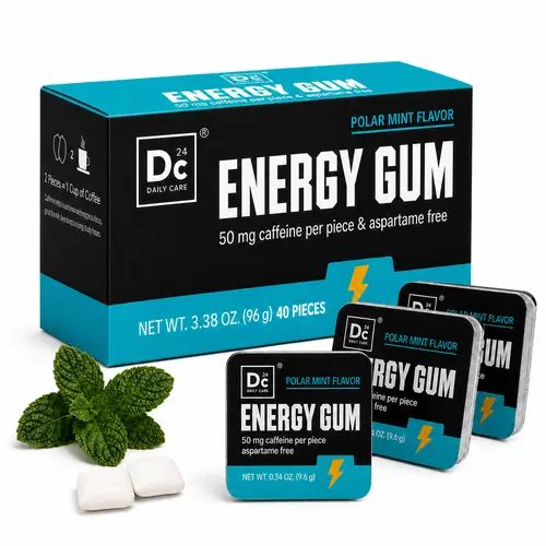 DC24 Daily Care Caffeine Energy Chewing Gum for Adults - Sugar Free, Low Calories, No Added Sugar, Xylitol Base, Refreshing Mint Taste, 50mg Caffeine, L-Theanine, Vitamins, 40 Pieces (10 Packs, 4 Pieces Each), Portable Work Focus Booster