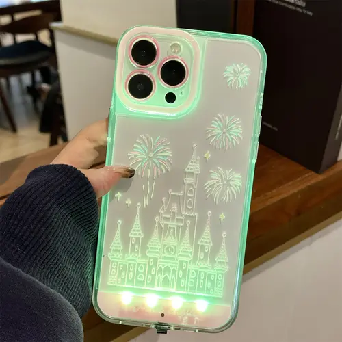 LED Fantasy Castle Fireworks Phone Case, Light up Phone Case for 13/14/15/16/17 Pro/Pro Max/Plus, Aesthetic Cute Girly Kawaii Castle Unique Design Phone Cover for Women Girls