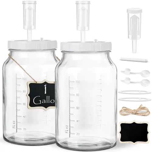 Kitchen Thick Glass Leakproof Fermentation Containers - 2-Pc 1 Gal Wide Mouth Jars with 3 Airlocks, 2 Screw Lids, 100% Airtight Heavy-Duty Silicone Seals, Scale Marks for Sauerkraut, Sourdough Starter Storage