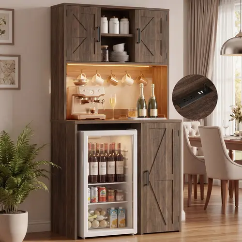 Homieasy Coffee Bar Cabinet with Storage, Mini Fridge Cabinet with Outlet & Led Light, Liquor Wine Bar Stand with Mini Fridge Space & Microwave Shelf, Beverage Station for Kitchen Dining Room furniture
