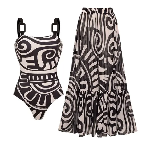 FLAXMAKER Women's Adjustable Shoulder Straps Black Tribal Print One Piece Swimsuit and Matching Skirt Setand Matching Cover Skirt Set Swimdress Stylish Beachwear Bathing Suit Swimwear Coverups vacation swimwear for women#Summervibes #SwimWeek tiktokshopba