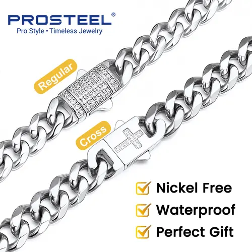 PROSTEEL Stainless Steel Cuban Link Chain for Men,With Lced Out Diamond Clasp 14K Gold Plated/Steel/Black Cuban Chain Necklace , 6mm/9mm/12mm Width,18"-30", Send Gift Box