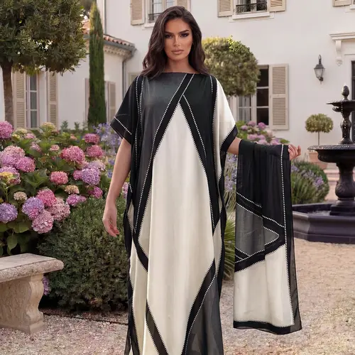 Elegant Geometric Print Shawl Set, Fitted Long Robe with Headscarf, Sun Protection Scarf, Beachwear for Women, All Seasons, Swimsuit Coverup, Beach Cover Ups, Swimwear Cover Up, Beach Coverups