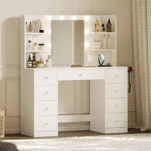 [DealsForYouDays] Makeup Vanity Desk with Mirror&Lights,9 Drawers&6 Storage Shelves,Dressing Table Power Outlet, 3 Color Modes&10 LED Bulbs for Girls Bedroom,Perfect Gift for Her – bedroom essential,dorm essentials,home decor