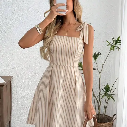 Women's Casual Striped Knot Shoulder Strap Sleeveless Dress, Casual Chic Minimalist, Summer Beach Dress, Casual Elegant Dresses, Elegant Slim-Fitting Style, Perfect for Warm Weather