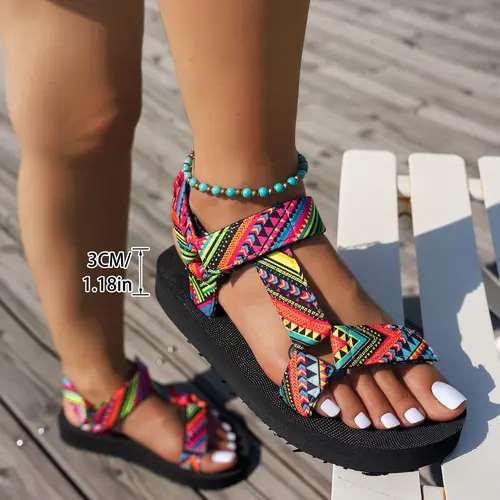 Summer European Style Beach Sandals, Velcro Women's Shoes, Wedge Thick Sole, Exported Ethnic Wind Flip Flops, Casual PU Rubber Bottom, Thick Soled Sandals, Casual Summer Footwear