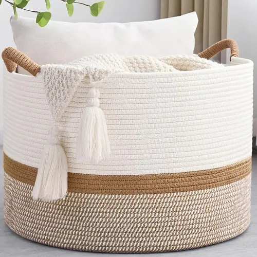 Woven Cotton Rope Storage Basket - Foldable, Eco-Friendly, Durable Rustic French Country Home Organizer Bin, 20x13in 85L Round Clothes Bin, Decorative Room Decor for Bedroom, All Seasons Home Supply, 20X13 In