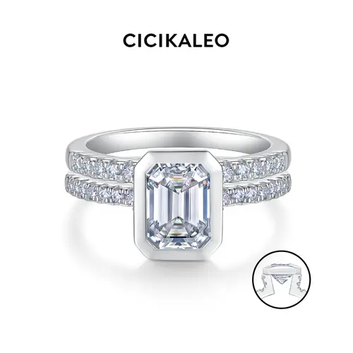CICIKALEO 2CT Emerald Cut Moissanite Rings Sets for Women Stackable Lab-Created 18K White Gold Plated Wedding Engagement Gift for Her #Summervibes