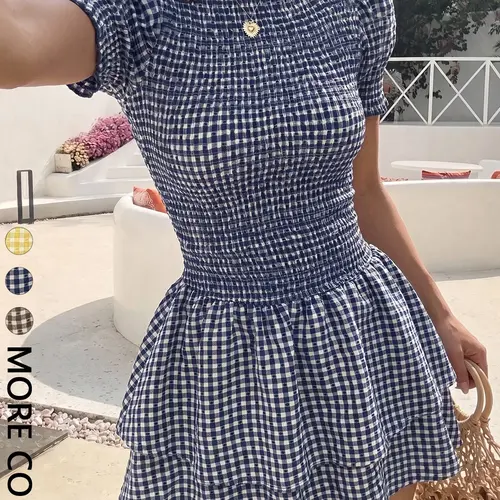 Women's Casual Plaid Short Dress, Puff Short‑Sleeve, Ideal for Party, Beach Vacation, Daily Wear and Gatherings