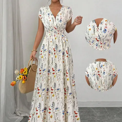 Women's Chic Floral Print V-Neck Sleeveless Cinched-Waist Long Dress, Boho Fashion Sundress, Comfortable, Lightweight, Breathable & Stylish Design, Elegant Style Casual Wear