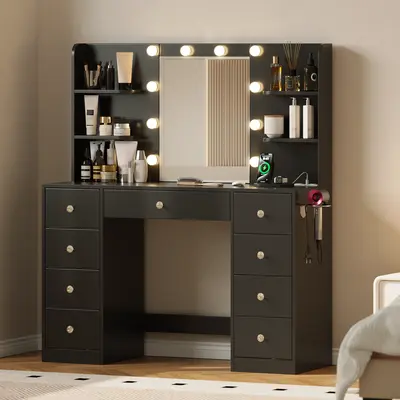 [DealsForYouDays] Makeup Vanity Desk with Mirror&Lights,9 Drawers&6 Storage Shelves,Dressing Table Power Outlet, 3 Color Modes&10 LED Bulbs for Girls Bedroom,Perfect Gift for Her – bedroom essential