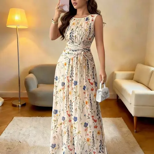 Elegant Chic Floral Mesh Apricot Round Neck A-Line Sleeveless Long Dress, Soft, Slimming, Feminine, Drawstring, Adjustable, Perfect for Parties, Weddings, Office, Daily Wear, Clothes