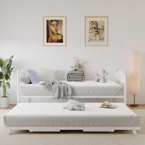 YJ-Garvee White Twin Size Daybed with Height Adjustable Trundle and Sturdy Metal Frame, Minimalist Bed Frame，Featuring Stylish Headboard and Heavy Duty Steel Slats Platform for Living Room, Bedroom, and Guest Room