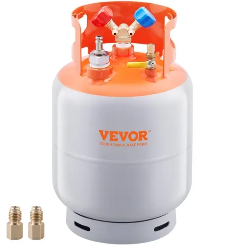 【BackToSchool】VEVOR HP295 Steel Refrigerant Recovery Tank with Float Switch, 30 lb. Capacity, 1/4" SAE Interface Valve, 1/4 to 1/2 Adaptor, Pressure Relief Valve, Automatic Power-Off, Overflow Prevention, Trace Amount of N2 for HVAC Systems