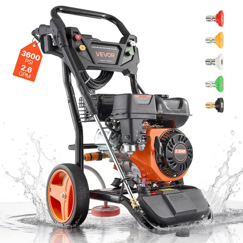 【summerfinds】VEVOR Gas Pressure Washer 3600 PSI and 2.6 Max GPM, Full Copper Pump, Spray Gun and Wand, 5 Nozzle Set, 26 ft Hose Gas Powered Pressure Washer for Cars, Fences, Driveways, Homes, Patios, Furniture, Power Washer