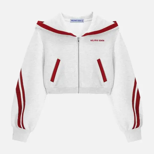 Aelfric Eden Unisex Ribbed Striped Boxy Cropped Zip-Up Hoodie, Sailor Collar, Contrast Stripe Sleeves, Stretch Knit Fabric, Everyday Fit Daily Casual Streetwear Top,summerwins,father'sdaygifts