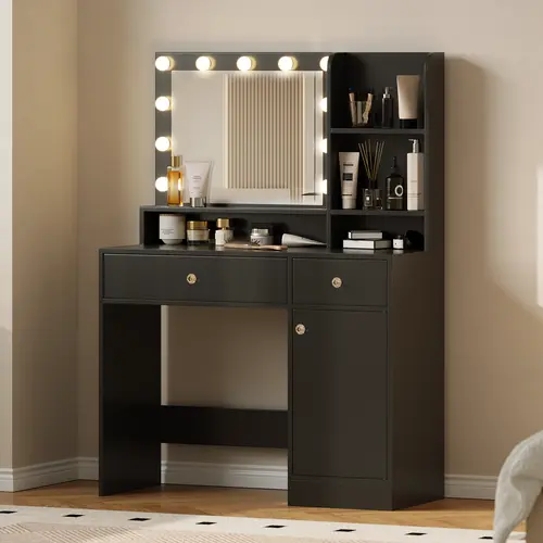[DealsForYouDays] Makeup Vanity Desk with Mirror&Lights,9 Drawers&6 Storage Shelves,Dressing Table Power Outlet, 3 Color Modes&10 LED Bulbs for Girls Bedroom,Perfect Gift for Her – bedroom essential