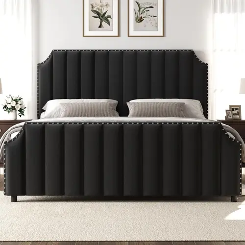Garvee Queen Size Velvet Platform Bed Frame with 50.2 in Tall Tufted Headboard & Footboard, Nailhead Trim, No Box Spring Needed, Black Upholstered Bed Frame, Vertical Channel Design