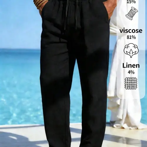 Men's Casual Linen Pants Solid Color Plain Loose Fit, Casual Elastic Waisted, Elastic Drawstring Waist Wide Straight Legs Summer Lightweight Breathable Yoga Beach with Pockets Daily Vacation Party Casual Summer Bottoms
