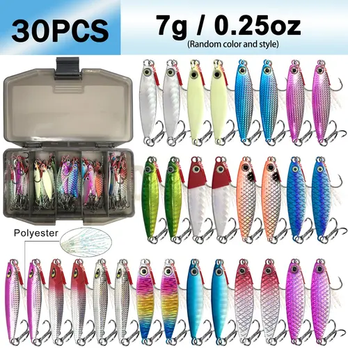 30pcs Double Hook Metal Jigs, 5 Sizes 7g/10g/15g/20g/30g, Metal Casting Clip Lures, Multi Species Lure, Suitable for Saltwater and Freshwater Fishing, Fishing Tackle Kit, Artificial Fishing Lures, Fishing Supplies