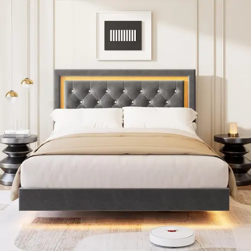 Garvee Floating Queen Platform Bed Frame with Modern Upholstered Diamond Headboard, Smart LED Lights, Sturdy Wood Slats, Noise-Free Design, Easy Assembly, Durable Bedroom Furniture