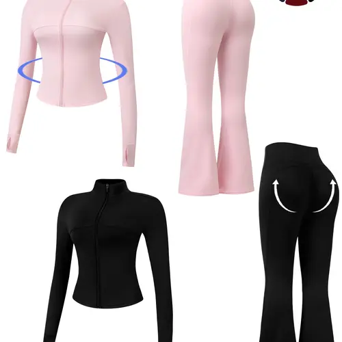 New Women Sports Set Zipper Stand Collar Thumb Hole Jacket Long Sleeve Solid Color High Waist Tummy Control Hip Lifting Flared Pants Yoga Wear Gym Outdoor Running Daily Shopping Vacation Party Comfortable Outfit Sportswear Fitness Sportswear Set