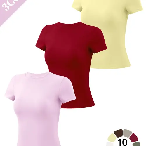 New Women Short Sleeve Sports T Shirt Solid Color Crew Neck Comfortable Soft High Elastic Slim Fit Yoga Wear Breathable Gym Outdoor Running Training Wear Beach Pool Top Daily Casual Versatile Pilates Sports Short Sleeve