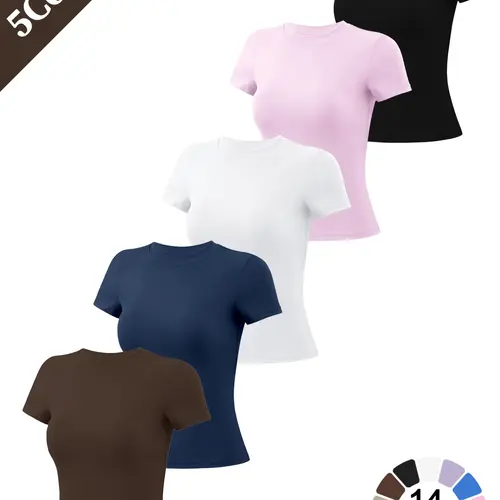 Women's Short-Sleeve Sports T-Shirt, Soft Comfortable Breathable Solid Color Crew Neck Gym Top, Activewear t shirts, Stretchy Slim-Fit Training Wear for Yoga, Pilates, Running & Gym, Athletic fitness clothes