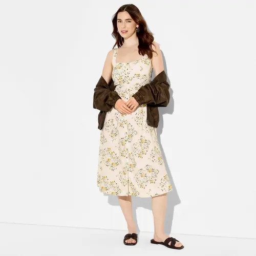 Women's Button-Front Linen Midi A-Line Dress - Wild Fable, Straps Design, Elastic Details, Comfortable Pullover Style, Lightweight