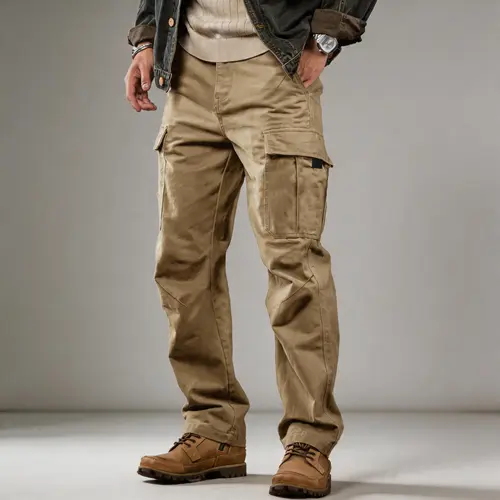 Men's Work Pants - Rugged Straight-Leg Casual Cargo Workwear with Multiple Pockets, Vintage Washed Distressed Finish, Retro Style, All-Purpose Menswear