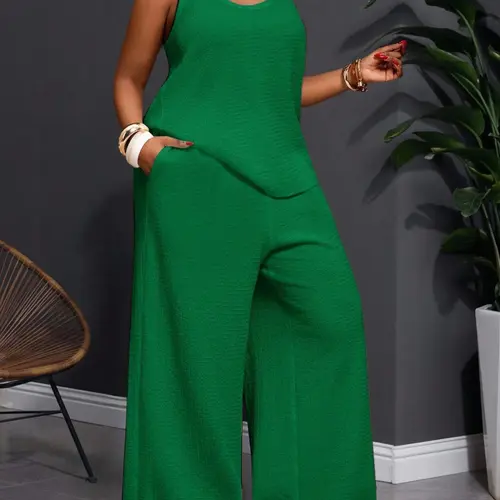 Women's Plus Size Matching Two-Piece Set, Sleeveless Tank Top Vest & Wide-Leg Pants, Casual Loose-Fit Summer Wear for Vacation, Comfortable and Stylish Womenswear, Casual Everyday Set