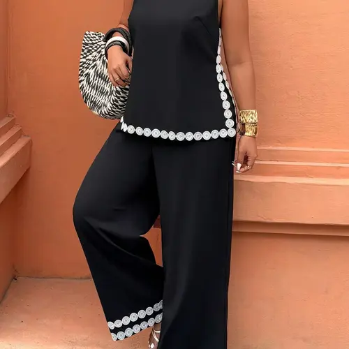 Plus Size Women's Two-Piece Set: Sleeveless Tank Top and Wide Leg Pants with Contrast Trim, Style for Summer Vacation Clothes