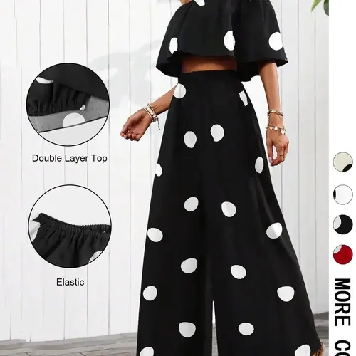 Women's Casual Loose-Fitting Two Piece Set, Summer Matching Set, Off-Shoulder Top & Long Pants, Polka Dot Print, Perfect for Beach and Vacation, Comfortable & Stylish Womenswear