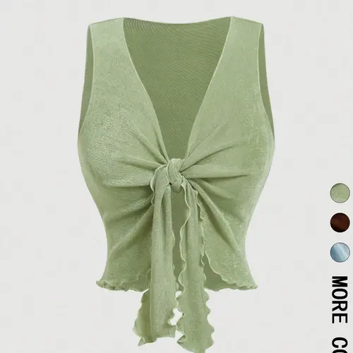 Women's Knotted Front Ruffle Crop Top, Deep V-Neck Sleeveless Solid Tank Top, Y2K Coquette Going-Out Top for Daily Wear and Date Night