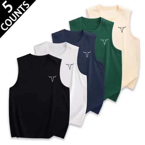 Men's 5-Piece Plain Solid Round Neck Vest & T-Shirt Set, Athletic Activewear, Iconic Bull Head Design, Soft Skin-Friendly Fabric, Low-Key Casual Streetwear for Spring,summerwins,father'sdaygifts