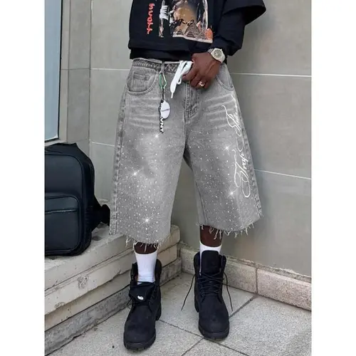 Vintage Distressed Rhinestone Letter Embroidery Casual Denim Jeans, Knee-Length Jeans, American Street Style Bottoms for All Seasons