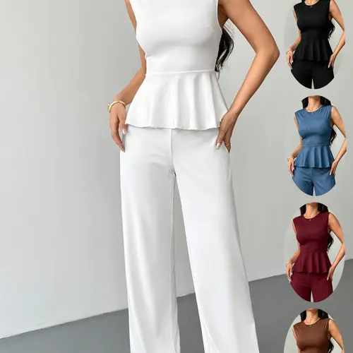 Women's Waist-Cropped Sleeveless Ruffled Top + High-Waist Pants Elegant Set, Comfortable Casual Two-Piece, Daily & Commute Wear