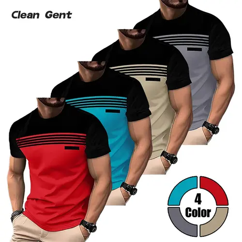 Clean Gent 4-Pack Men’s Short Sleeve T-Shirts, striped patchwork design; casual everyday wear, comfortable breathable fabric, suitable for summer.