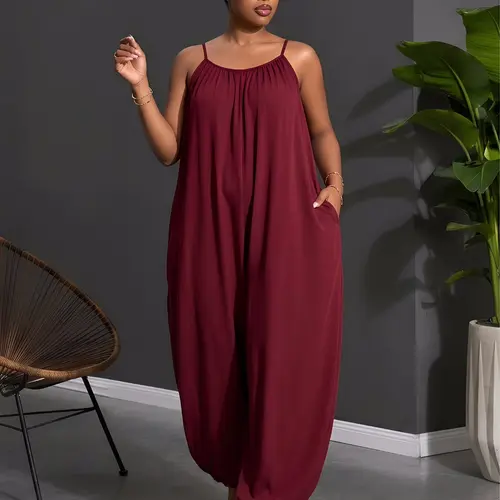 Plus Size Women's Boho Aesthetic Wide Leg Loose Baggy Fit Jumpsuit, Casual Comfortable Spaghetti Strap Sleeveless Solid Color Jumpsuit, Spring Summer Fashion Jumpsuit, Perfect for Party & Daily Wear