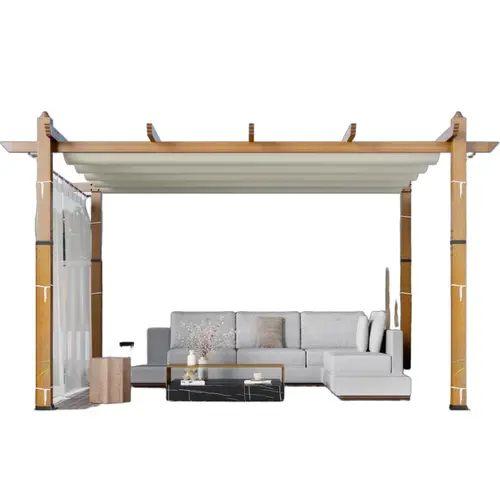 Garvee Retractable Canopy Pergola – Aluminum Patio Gazebo with Side Mesh, Faux Wood Grain, UV Resistant, Modern Grape Trellis for Deck, Backyard, Porch, Poolside – 10x13FT – Imitation Wood Grain