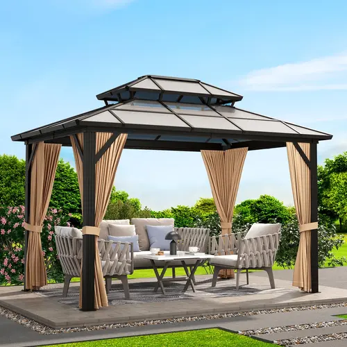 Garvee 10'x12' Hardtop Gazebo, Outdoor Polycarbonate Double Roof Canopy, Aluminum Frame Permanent Pavilion with Curtains and Netting, Sunshade for Garden, Patio, Lawns,camping essentials
