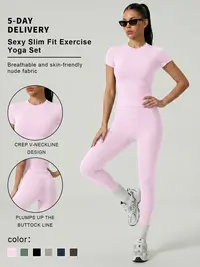 2-Piece Solid-Color Athletic T-Shirt Set Women's Sportswear Set, Slim-Fit RoundNeck Short Sleeves & High-Waisted YogaPants, Ideal for Gym Running OutdoorActivities,  Stretchy Suit Set, Fitness Outfits,Workout Running Outfits-8627