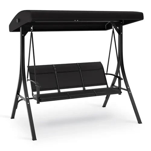 Garvee 3-Seat Outdoor Porch Swing, Heavy-Duty Patio Swing with Stand & Adjustable Canopy, Metal Frame with Removable Cushions, Powder-Coated Steel Frame, for Backyard, Garden, Porch - Black